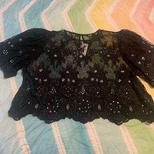 Express Black Lace Blouse with Floral Details